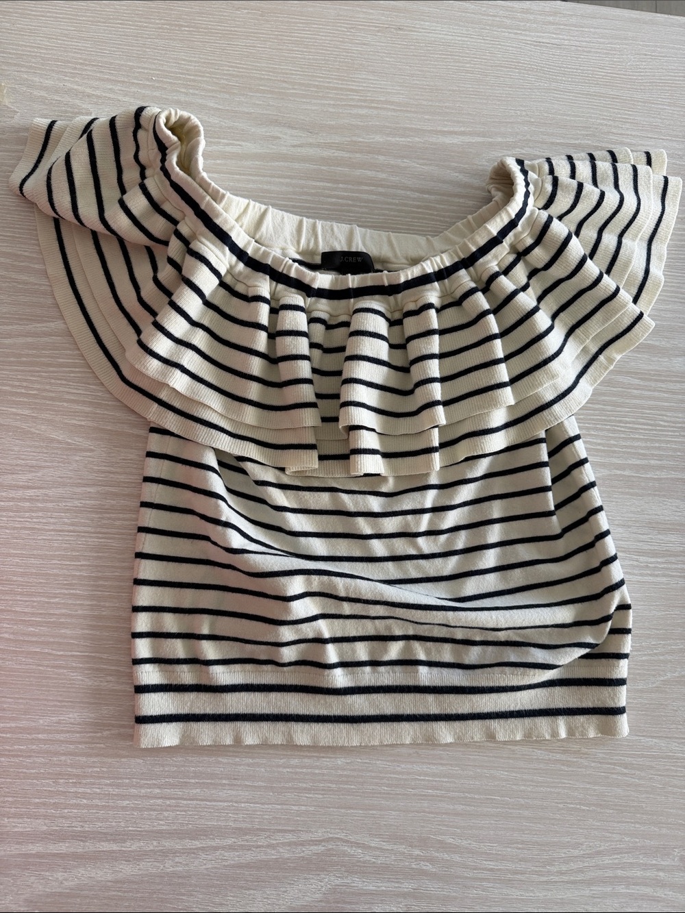 J. Crew Cream and Black Striped Off-Shoulder Ruffle Crop Top